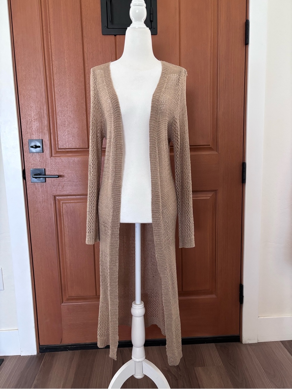 PPLA Long Open-Front Knit Cardigan in Taupe